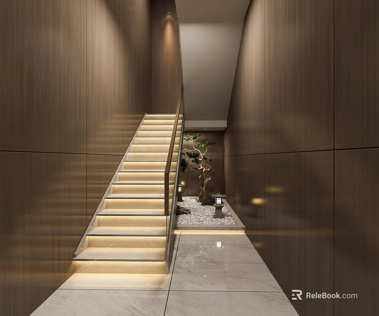 Modern Luxury Staircase With Wooden Walls Marble Flooring And Ambient Lighting 3d model 