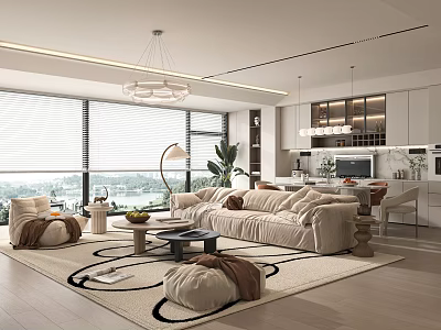 Modern Living Dining Room Interior With Large Windows Blinds Chandelier Sofa Coffee Table And Rug 3d model