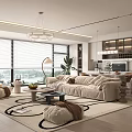 Modern Living Dining Room Interior With Large Windows Blinds Chandelier Sofa Coffee Table And Rug