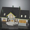 Classic House Exterior With Black Roof Yellow Trim Chimneys Steps Porch And Wooden Garage Door