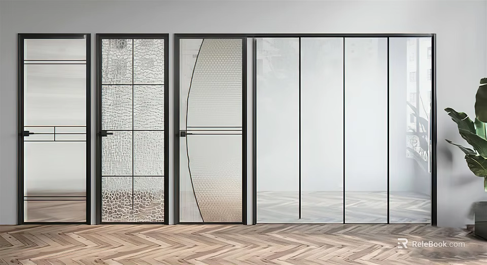 Modern Glass Doors With Black Frames And Various Patterned Glass In Interior Space 3d model