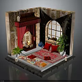 Traditional Indoor Scene with Stone Walls Red Cushions Colorful Rug Lattice Window Fireplace and Plants