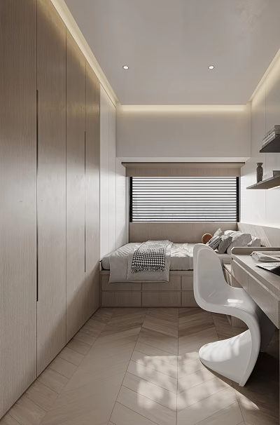 Minimalist Tatami Bedroom Interior With Built In Storage Wooden Desk And Window Blinds 3d model