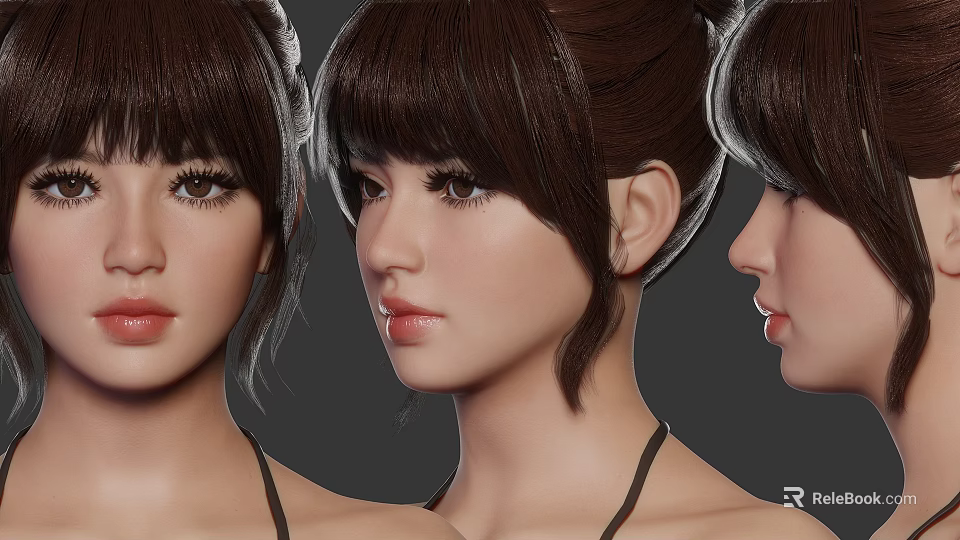 Woman with Brown Hair Bangs Bun and Three Quarter Profile Face Features 3d model 