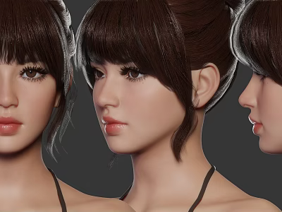 Woman with Brown Hair Bangs Bun and Three Quarter Profile Face Features 3d model