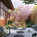 Japanese Style Courtyard Garden With Cherry Blossom Tree Bamboo Fence And Stepping Stones