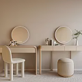 Modern Minimalist Dressing Table With Two Round Mirrors Chair Ottoman And Potted Plant