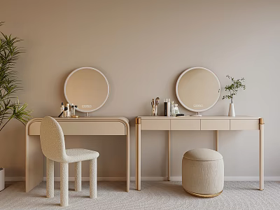 Modern Minimalist Dressing Table With Two Round Mirrors Chair Ottoman And Potted Plant 3d model