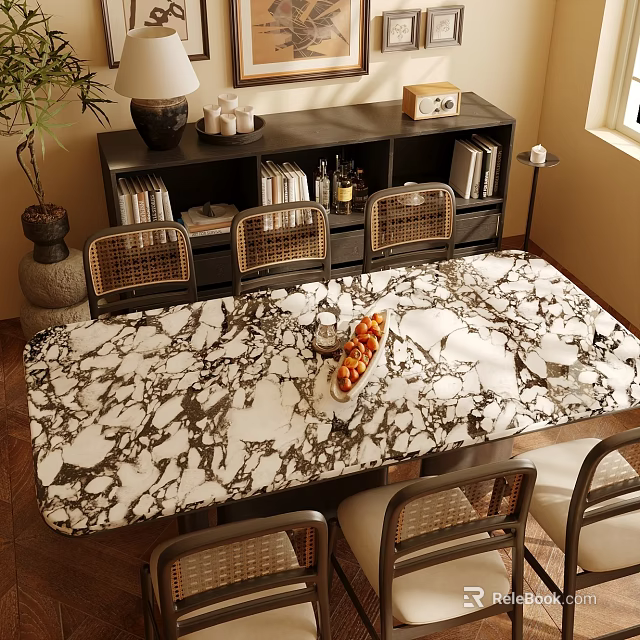 Elegant Dining Room Featuring Marble Tabletop Dining Table Rattan Chairs And Fruit Platter Decor 3d model 