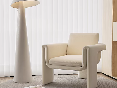 Modern Cream Single Sofa with Floor Lamp Blinds and Wooden Accents on Rug 3d model