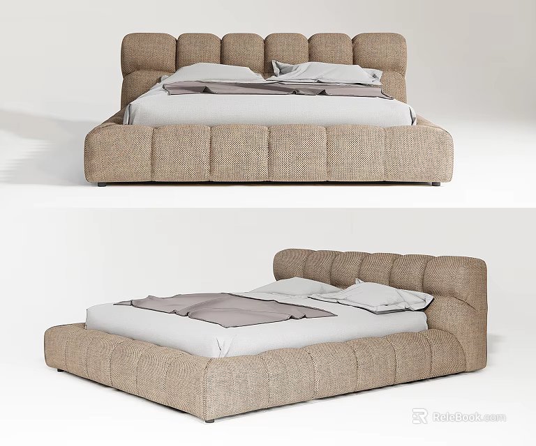Modern Upholstered Double Bed Design With Fabric Headboard And White Bedding 3d model