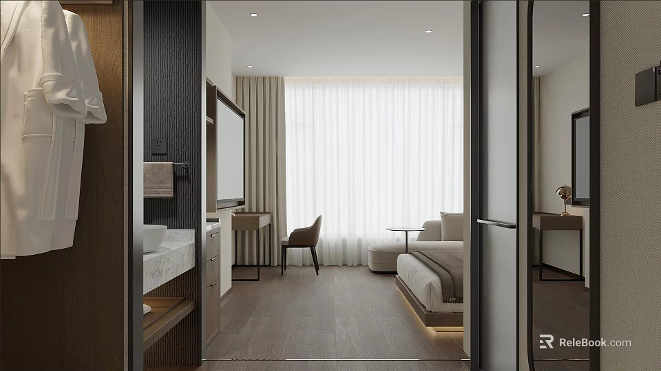 Modern Hotel Room Interior With King Bed Comfy Sofa Writing Desk And Sheer Curtains 3d model 