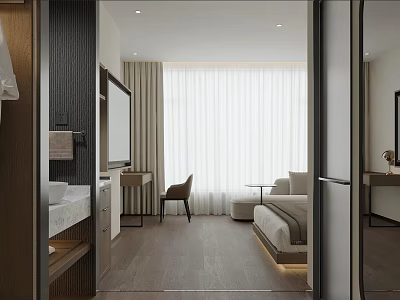 Modern Hotel Room Interior With King Bed Comfy Sofa Writing Desk And Sheer Curtains 3d model