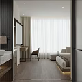 Modern Hotel Room Interior With King Bed Comfy Sofa Writing Desk And Sheer Curtains
