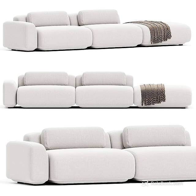 Modern White Modular Sectional Sofa With Upholstered Cushions And Cozy Throw Blanket 3d model