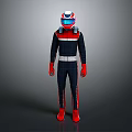 Game And Movie Character Wearing Blue Racing Suit Red White Striped Helmet Red Gloves Boots