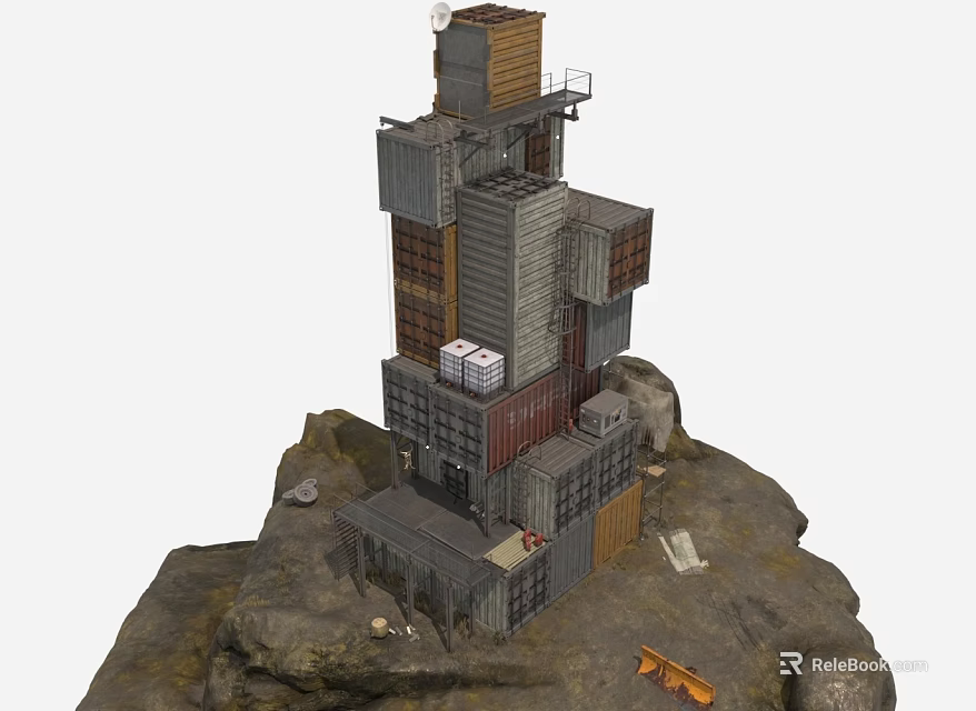 Container Building on Rocky Terrain Featuring Stacked Containers and Industrial Platforms 3d model 
