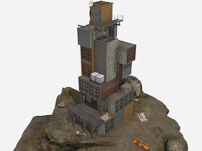 Container Building on Rocky Terrain Featuring Stacked Containers and Industrial Platforms 3d model