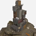 Container Building on Rocky Terrain Featuring Stacked Containers and Industrial Platforms 3d model