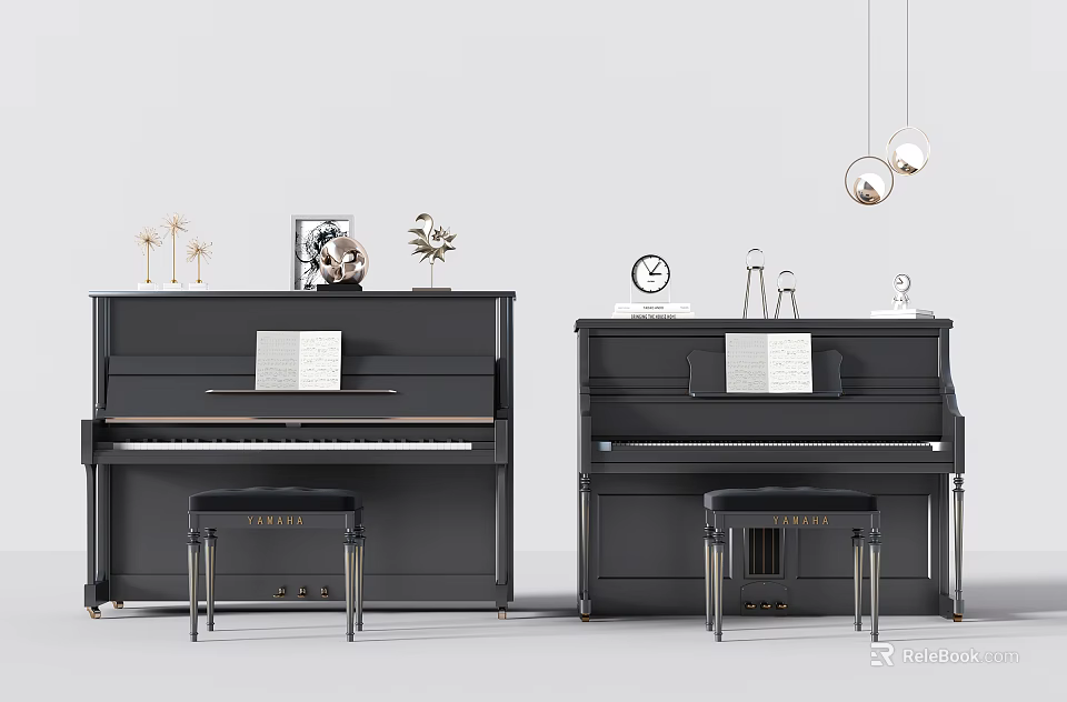 Black Grand Pianos With Sheet Music And Decorative Art Supplies In Modern Room 3d model 