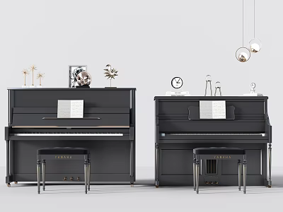 Black Grand Pianos With Sheet Music And Decorative Art Supplies In Modern Room 3d model