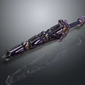 Mythical Fantasy Sword With Purple Blade Black Hilt Golden Accents And Intricate Design