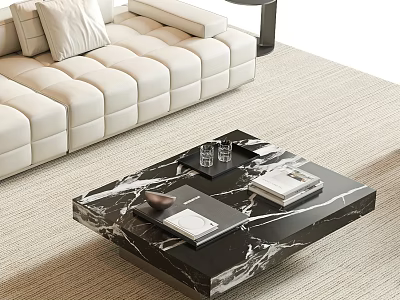 Modern Black Marble Coffee Table With Books Tray And Glass Near Beige Sofa Rug 3d model