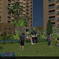 Landscape Garden Between High Rise Buildings With Palm Trees Arbor Colorful Flowers Green Lawn And People