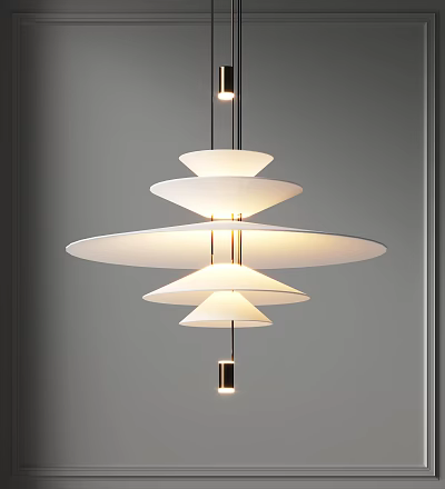 Elegant Modern Layered Chandelier With White Shades And Metal Frame Structure 3d model