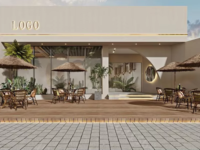 Stylish Storefront With Glass Doors Outdoor Seating And Tropical Umbrellas 3d model