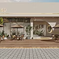 Stylish Storefront With Glass Doors Outdoor Seating And Tropical Umbrellas
