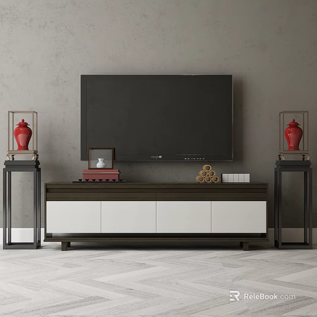 Modern TV Stand With Black TV Red Vases And Decorative Items On Gray Wall 3d model 