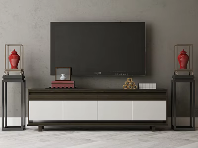 Modern TV Stand With Black TV Red Vases And Decorative Items On Gray Wall 3d model