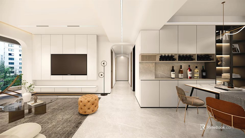 Modern Living Dining Room Interior With TV Wall Sofa Dining Table And Cabinets 3d model