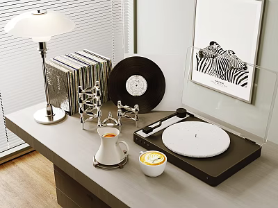 Modern Decorative Ornament Combination with Table Lamp Books Vinyl Record Turntable and Zebra Wall Art 3d model