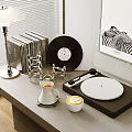 Modern Decorative Ornament Combination with Table Lamp Books Vinyl Record Turntable and Zebra Wall Art
