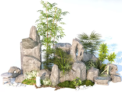 Natural Rockery Stones Featuring Bamboo Palm Plants Green Moss And Small Pebbles 3d model