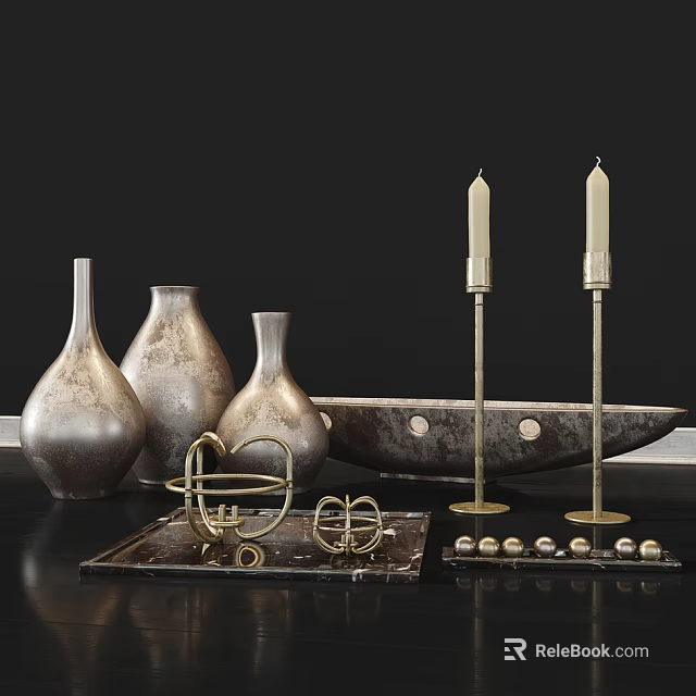 Modern Metallic Decorative Ornament Set With Vases Candle Holders Geometric Decor And Trays 3d model 