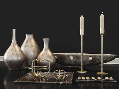 Modern Metallic Decorative Ornament Set With Vases Candle Holders Geometric Decor And Trays 3d model