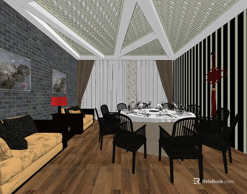 Private Dining Room Interior with Brick Wall Sofa Dining Table Chairs Decorative Paintings and Wooden Flooring 3d model 