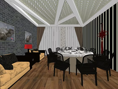 Private Dining Room Interior with Brick Wall Sofa Dining Table Chairs Decorative Paintings and Wooden Flooring 3d model