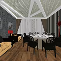 Private Dining Room Interior with Brick Wall Sofa Dining Table Chairs Decorative Paintings and Wooden Flooring