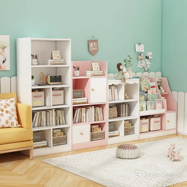 White and Pink Bookcase With Books Storage Boxes And Decorations In Kids Room 3d model 