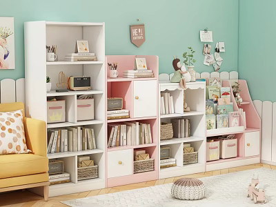 White and Pink Bookcase With Books Storage Boxes And Decorations In Kids Room 3d model