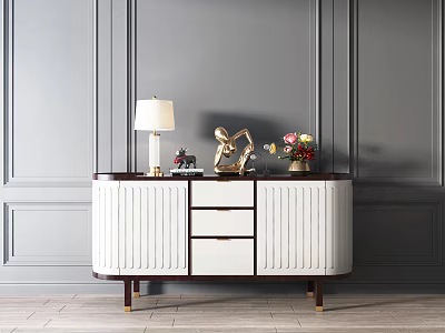 White Console Cabinet with Drawers Table Lamp Sculpture and Flower Vase on Gray Wall 3d model