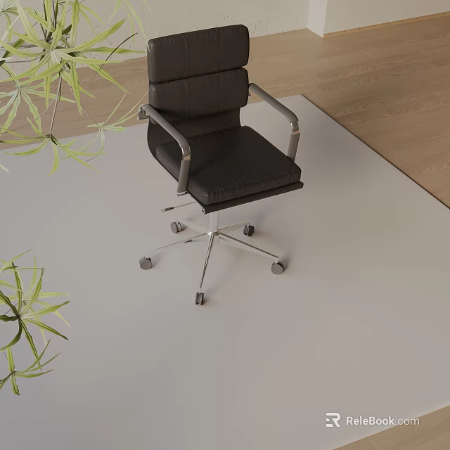 Black Leather Office Chair With Armrests Metal Base Wheels And Green Plants 3d model 