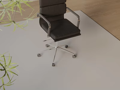 Black Leather Office Chair With Armrests Metal Base Wheels And Green Plants 3d model