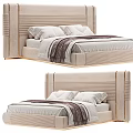 Elegant Modern Double Bed Featuring Upholstered Vertical Striped Headboard Gold Trim and White Bedding
