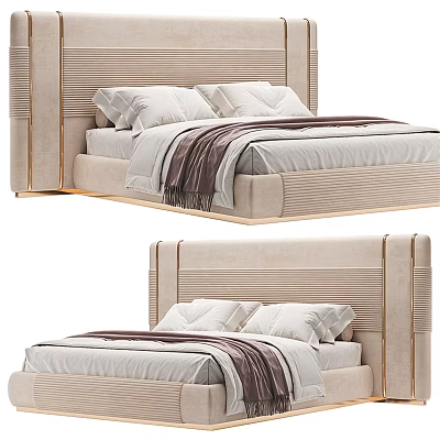 Elegant Modern Double Bed Featuring Upholstered Vertical Striped Headboard Gold Trim and White Bedding 3d model