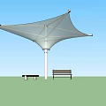 Large Outdoor Shade Canopy With Bench And Small Table Under Blue Sky 3d model
